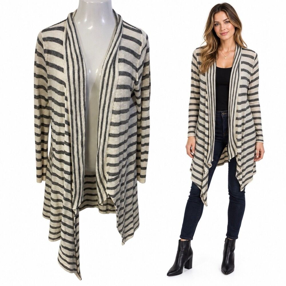 Arizona Jean Co Cardigan Womens XL Gray White Striped Open Front Long Cotton